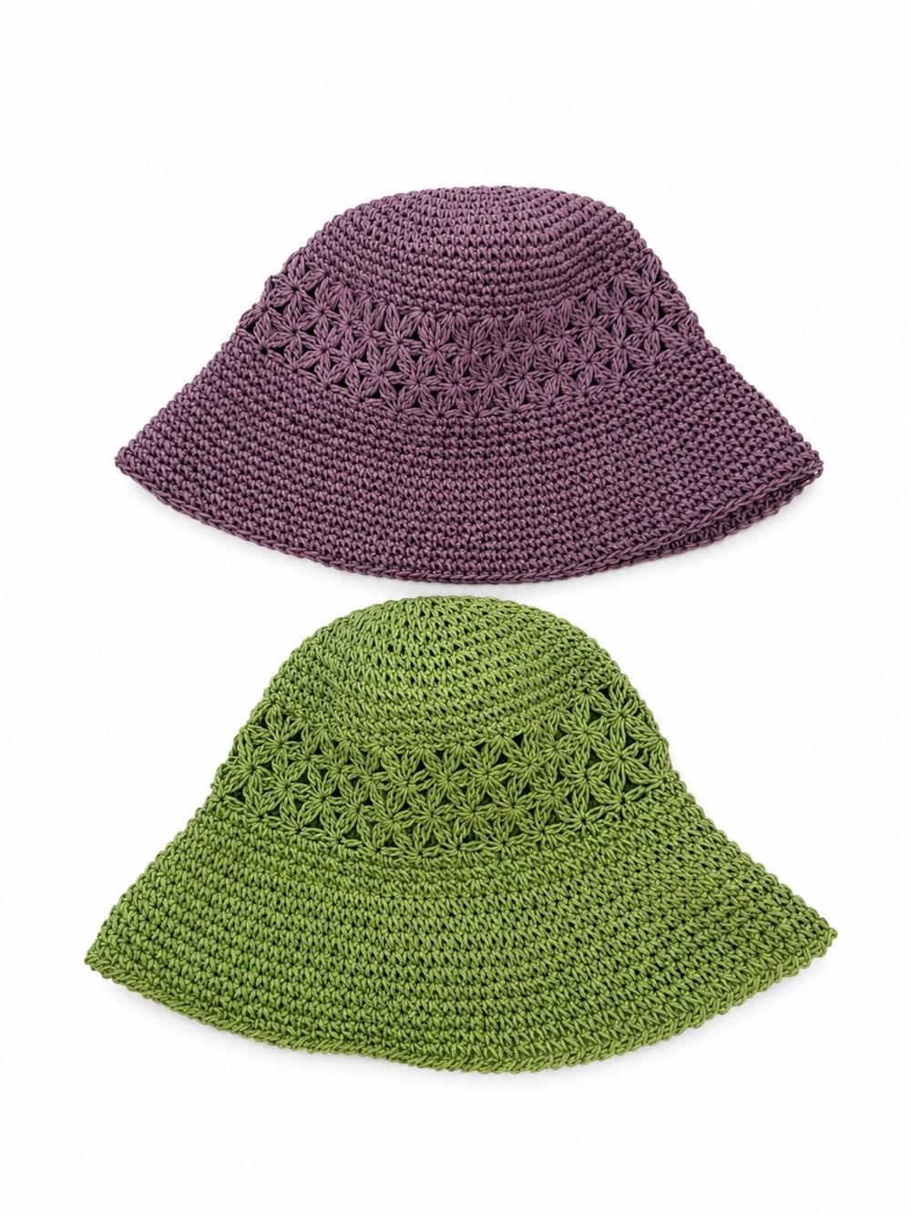 Unbranded Straw Bucket Hat Bundle of 2 Green & Purple Crochet Packable Hats